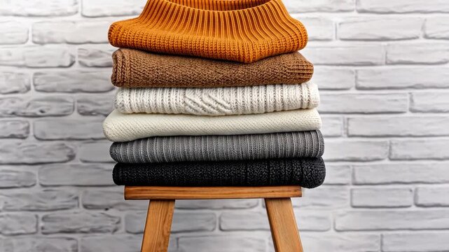 A neat arrangement of colorful sweaters sits on a wooden display stand, showcasing fall fashion and texture against a light backdrop