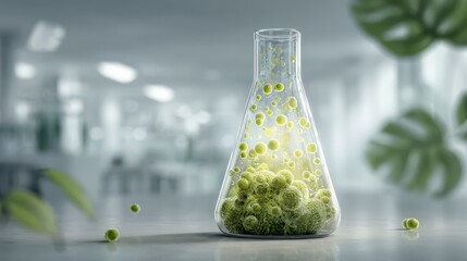 Scientific Experiment: The image features a scientific experiment in a laboratory, showing a clear glass flask filled with vibrant green spheres, possibly representing a breakthrough.