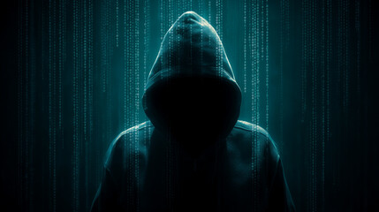 Anonymous hacker silhouette in dark digital background