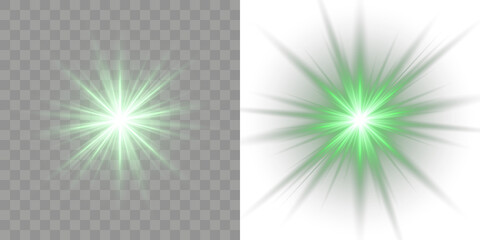 Green light glow effect with sparkle background and bright laser beam flare. Neon motion graphic brilliant bokeh flash. Green star spotlight and black line shine for isolated png or vector design. © Slava