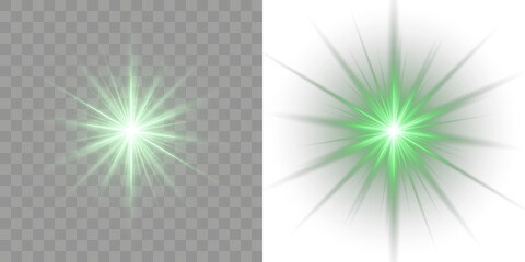 Flash green glow star light beam cosmic radiant burst shine energy laser. Bright starburst with glowing green rays and magical flare ideal for PNG overlays. Neon motion graphic brilliant bokeh flash. © Slava