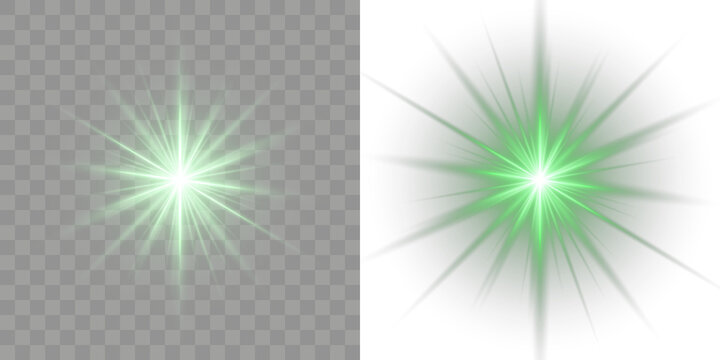 Flash green glow star light beam cosmic radiant burst shine energy laser. Bright starburst with glowing green rays and magical flare ideal for PNG overlays. Neon motion graphic brilliant bokeh flash.