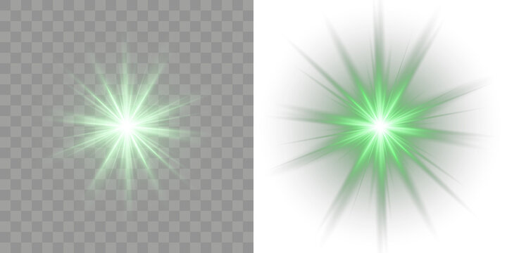 Bright starburst with glowing green rays and magical flare ideal for PNG overlays. Glow star green flash beam light cosmic radiant burst shine energy laser. Neon motion graphic brilliant bokeh flash.