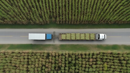 Drone aerial view supply chain carry sugar cane field eco farm net zero rural plant crop mill trailer truck road. The way forward asia Go green carbon credit neutral ESG farmer freight loading service