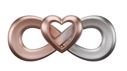 Infinity symbol intertwined with a heart, representing eternal love and commitment, rendered in rose gold and silver metallic textures isolated on transparent background