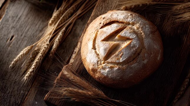A rustic bread loaf, marked with a design, sits on a wooden board amidst sprigs of wheat, creating a warm, inviting scene