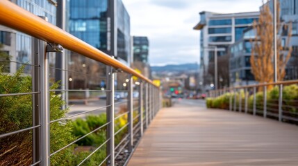 Obraz premium Modern pedestrian bridge featuring sleek steel railings and a vibrant urban landscape