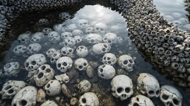 Creepy Skull Collection in Rocky Tide Pool, Barnacle Covered Rocks, Ocean Shoreline