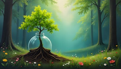 Sustainable Environmental Development concept, small tree on Crystal globe glass in green forest to protect nature. Eco-friendly esg conservation care. Earth clean and ecology,
