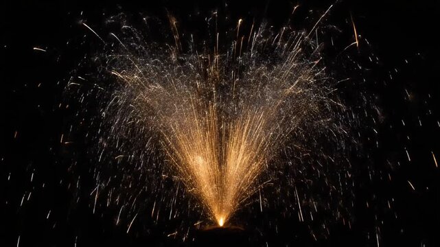 Dramatic pyrotechnic fountain display rapidly expands with a brilliant shower of golden sparks against a pure deep black background