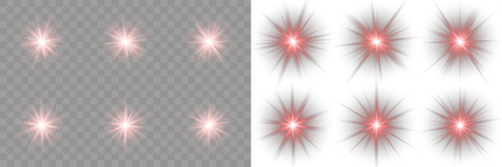 Lens Flare. Red light star flare effect glowing in the darkness light PNG overlay for digital design transparent background. Bright flash. Png red sparkle twinkle magic glow star shine beam effect.