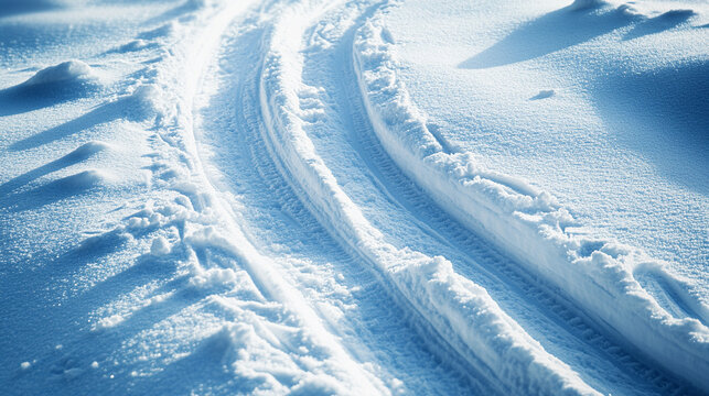 Top view of white ski tracks carving through fresh snow, creating clean linear patterns and texture. Minimal winter background symbolizing motion, cold weather, skiing, and alpine sports.
