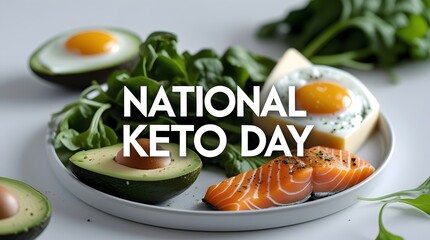 Healthy Keto Diet Meal with Salmon, Avocado, Eggs and Spinach for National Keto Day, Nutritious Ketogenic Breakfast on White Plate