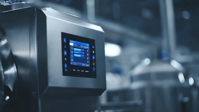 Close medium shot of a scalable electric ice machine operating in a largescale food processing facility emphasizing sustainable ice manufacturing with adjustable capacity.