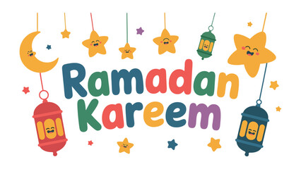 Ramadan Kareem Illustration: Festive and colorful illustration showcasing the spirit of Ramadan Kareem with delightful stars and lamps, perfect for invitations, greetings, and festive decor.