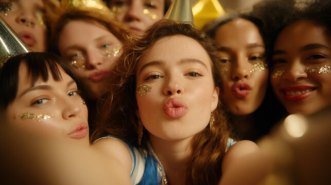 Happy young women celebrating with glitter makeup and party hats making kissy faces while taking a selfie