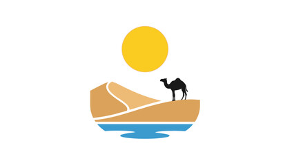 Desert landscape with camel and sun, vector illustration for travel or adventure banner isolated on White Background