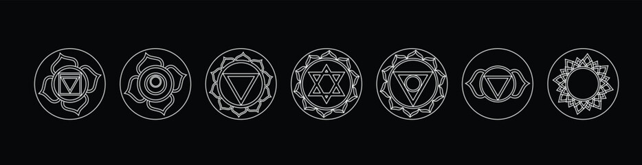 Seven sacred chakra symbols representing balance, healing energy and inner awakening