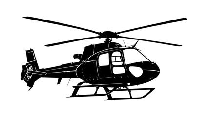 Vector illustration of a helicopter in flight, depicted in a simple black silhouette against a white background
