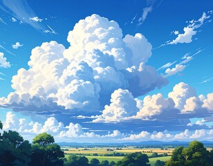 Obraz premium Cartoonish sunny landscape with huge, fluffy clouds and green fields