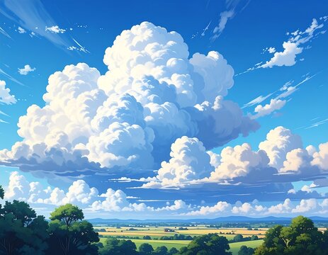 Cartoonish sunny landscape with huge, fluffy clouds and green fields