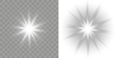 Realistic white camera lens flare with soft glow and starburst beams. Realistic glowing white sunlight with radiant beam and sunrays. Vector transparent sunlight special lens flare light effect. PNG.