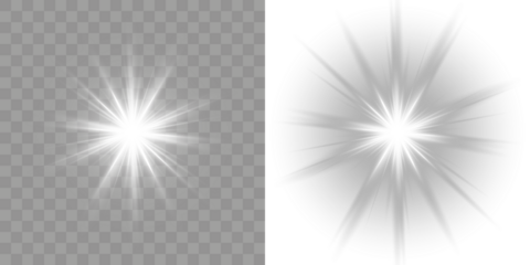 Realistic white camera lens flare with soft glow and starburst beams. Realistic glowing white sunlight with radiant beam and sunrays. Vector transparent sunlight special lens flare light effect. PNG.
