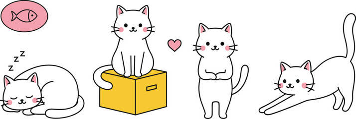 Cute white cat character set in different poses including sleeping sitting on a box standing and stretching for stickers and icons. © Kharshad Creative