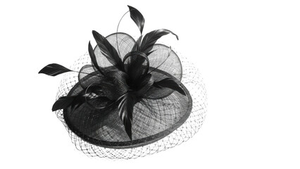Black fascinator with feathers and netting on black background