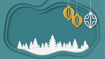 Minimalist paper cut style winter forest scene background with layered teal frame and hanging golden Christmas ornaments, rendered digitally in 3D. - Powered by Adobe