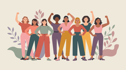 A diverse group of empowered women stand united with raised fists among gentle foliage symbols of strength