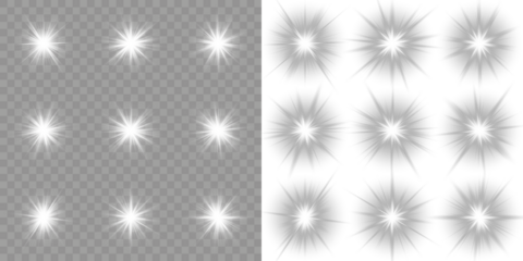 Realistic white camera lens flare with soft glow and starburst beams. Vector transparent sunlight special lens flare light effect. Realistic glowing white sunlight with radiant beam and sunrays. PNG.