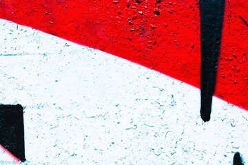 Abstract street art graffiti with red, white, black bold colors, rough texture, urban modern style, graphic shapes. Background, texture, pattern, digital art, urban visuals, creative banner.