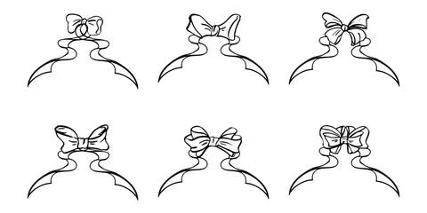 Graceful decorative bows tied in flowing satin ribbons with wide tail curves. Vector isolated illustration in elegant design. Ideal for luxury branding, invitation layouts, festive product packaging.