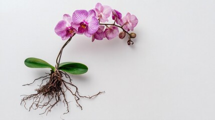 Photograph of an orchid with roots and leaves on a white background