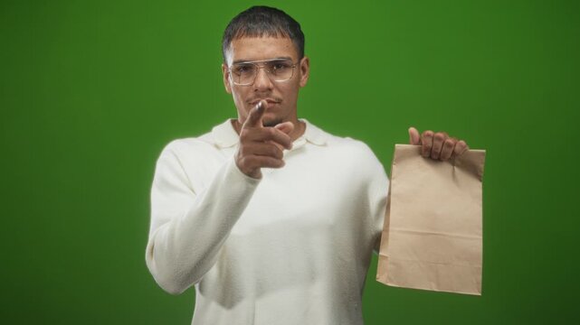 Man points finger at camera while holding a paper bag in a studio green screen; confidence delivery trust.