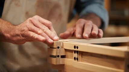 Medium shot focusing on a carpenter aligning pieces with a pocket hole joint demonstrating the concealed fastener method for robust and clean wood assembly.