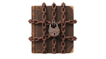 Old book with rusty chains and padlock on black background