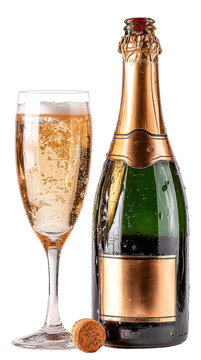 champagne in glass and bottle isolated on transparent background