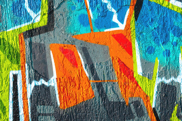 Abstract graffiti art - bright orange, blue, gray, neon green colors. 90s street style, urban texture. Posters, digital art, flyer, banner, creative visuals, modern 90s, 2000s, Y2K creative banner.