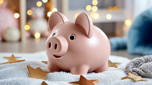 A cheerful piggy bank sits on a soft blanket, surrounded by stars and twinkling lights, reminding everyone of the joy of saving money