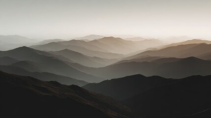 calm foggy mountains at sunrise, minimal and clean composition, no people 