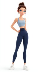 She is tall with dark brown hair tied back into a bun, blue eyes, and wearing light makeup