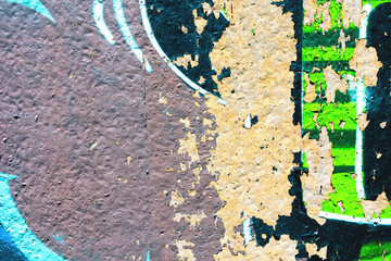 Peeling paint texture - green, beige, black colors, abstract urban grunge style. Retro 90s, Y2K, graffiti distressed surface. Background, texture, digital art, banner, web visuals, creative flyer.
