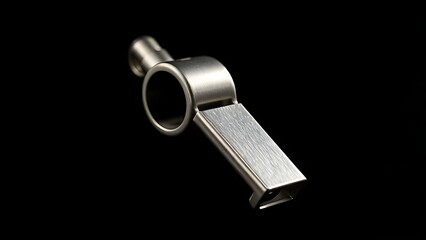 mouthpiece. Silver whistle with detailed mouthpiece under dramatic spotlight. event key visuals, club posters, designed for sports event promotions and stadium branding, used by fitness trainers.