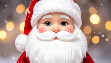 Adorable animated Santa doll portrait, round face with soft blush, detailed white beard, red Santa hat, warm holiday lighting, shallow depth of field, gentle snowfall, cozy and magical winter.