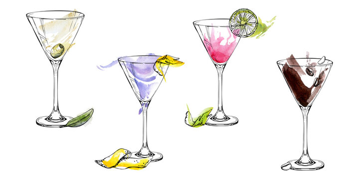 Set of Aviation, Espresso martini, Cosmopolitan or Strawberry Daiquiri drinks. Citrus, olive and coffee beans. Watercolor wash with ink line glasses hand drawn for product labels or culinary blog art.
