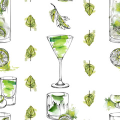 Fresh green cocktail seamless pattern, appletini absinthe caipirinha in watercolor and ink. Celery, mint leaves and lime citrus garnish for branding or wallpapers, summer-themed artwork, scrapbooking © Elena