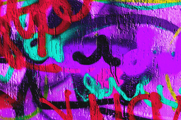 Graffiti wall with vibrant red, purple, teal, black colors. Urban street art style, neon glow, fluorescent paint. Background, texture, pattern, digital art, modern 2000s, Y2K visuals.