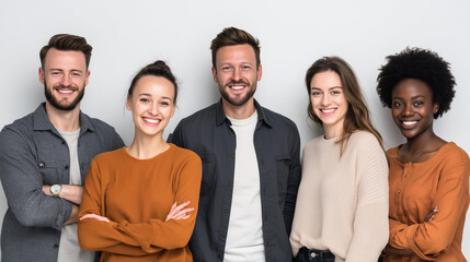 smiling young professional team portrait, confident startup team on white background, modern business team standing together
